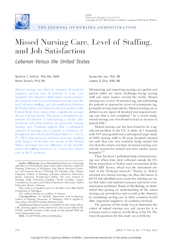 (PDF) Missed Nursing Care, Level of Staffing, and Job Satisfaction