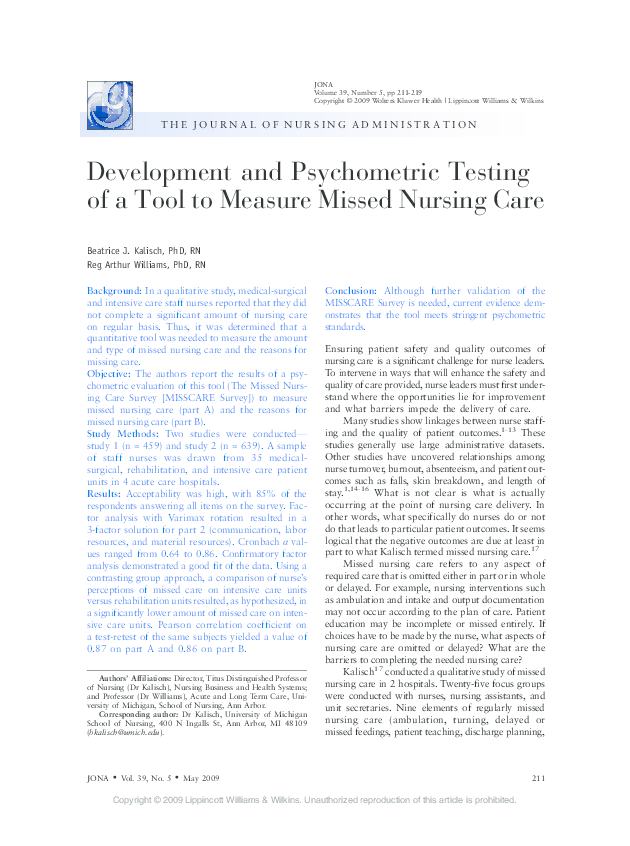 (PDF) Development and Psychometric Testing of a Tool to Measure Missed ...