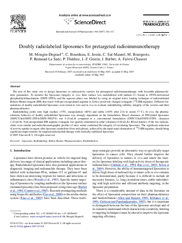 (PDF) Doubly radiolabeled liposomes for pretargeted radioimmunotherapy M. Bourgeois, A. Faivre