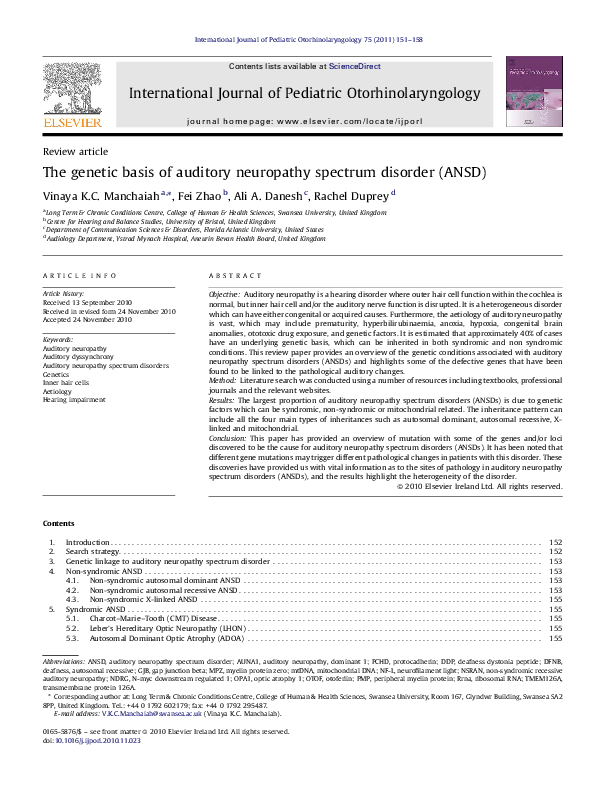 (PDF) The genetic basis of auditory neuropathy spectrum disorder (ANSD)