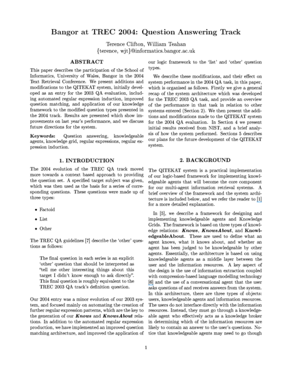 (PDF) Bangor at TREC 2004: Question Answering Track