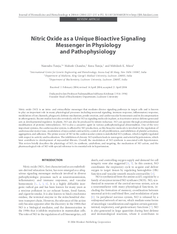 (PDF) Nitric Oxide as a Unique Bioactive Signaling Messenger in ...