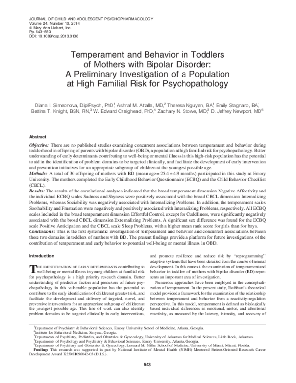 (PDF) Temperament and Behavior in Toddlers of Mothers with Bipolar ...