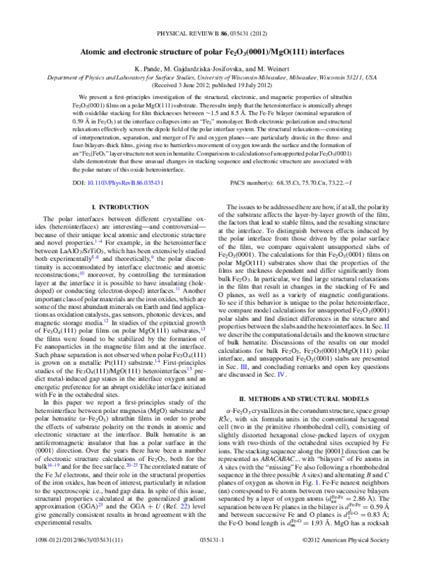 (PDF) Atomic structure of the polar Fe2O3(0001)/MgO(111) interface