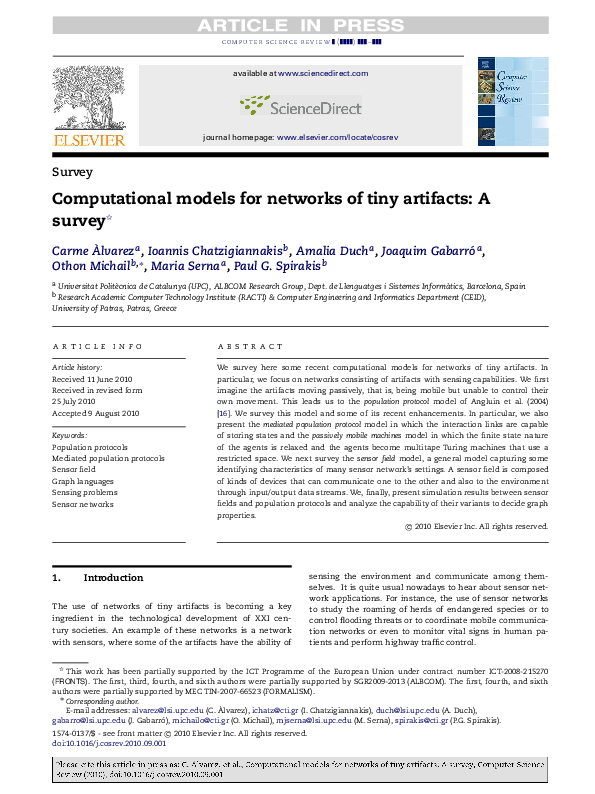 (PDF) Computational models for networks of tiny artifacts: A survey