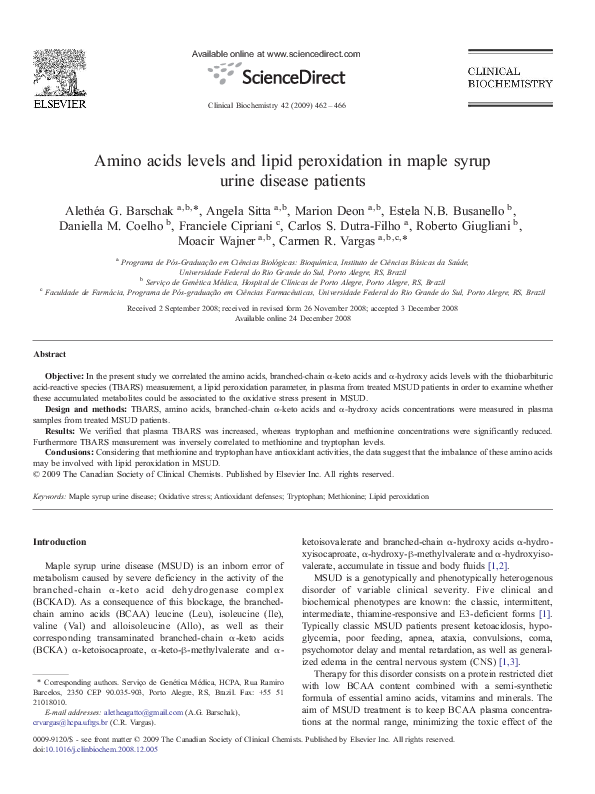 (PDF) Amino acids levels and lipid peroxidation in maple syrup urine