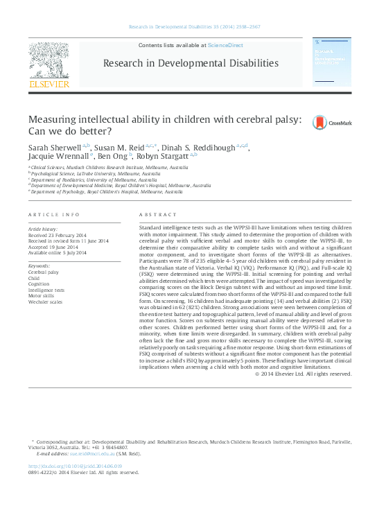 (PDF) Measuring intellectual ability in children with cerebral palsy ...