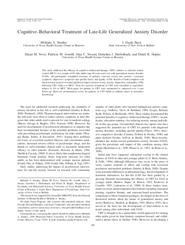(PDF) Cognitive-Behavioral Treatment of Late-Life Generalized Anxiety ...