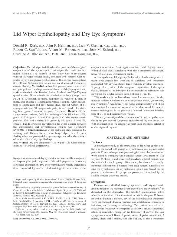 (PDF) Dry Eye Signs and Symptoms and Lid Wiper Epitheliopathy Donald