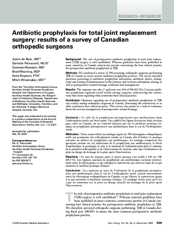 (PDF) Antibiotic prophylaxis for total joint replacement surgery results of a survey of