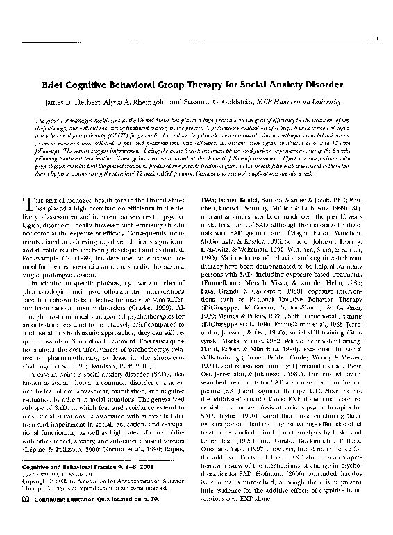 (PDF) Brief cognitive behavioral group therapy for social anxiety disorder