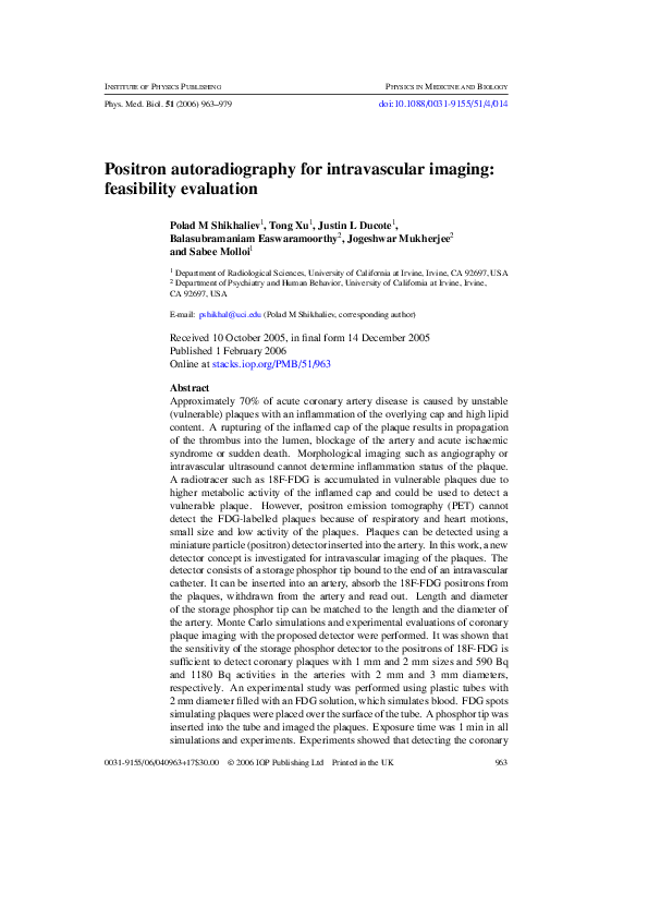 (PDF) Positron autoradiography for intravascular imaging feasibility