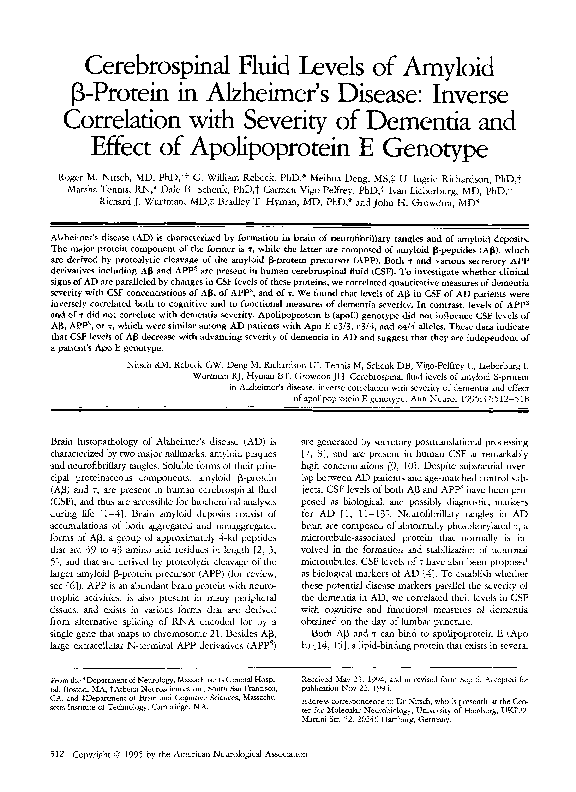 (PDF) Cerebrospinal fluid levels of amyloid ?-protein in alzheimer's ...