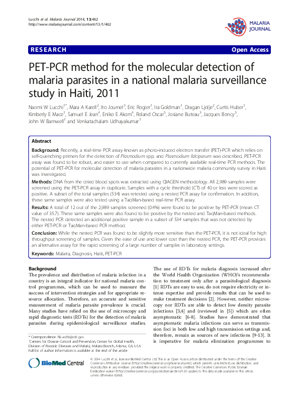 (PDF) PET-PCR method for the molecular detection of malaria parasites