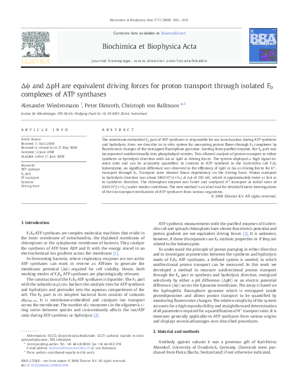 (PDF) Δψ and ΔpH are equivalent driving forces for proton transport ...