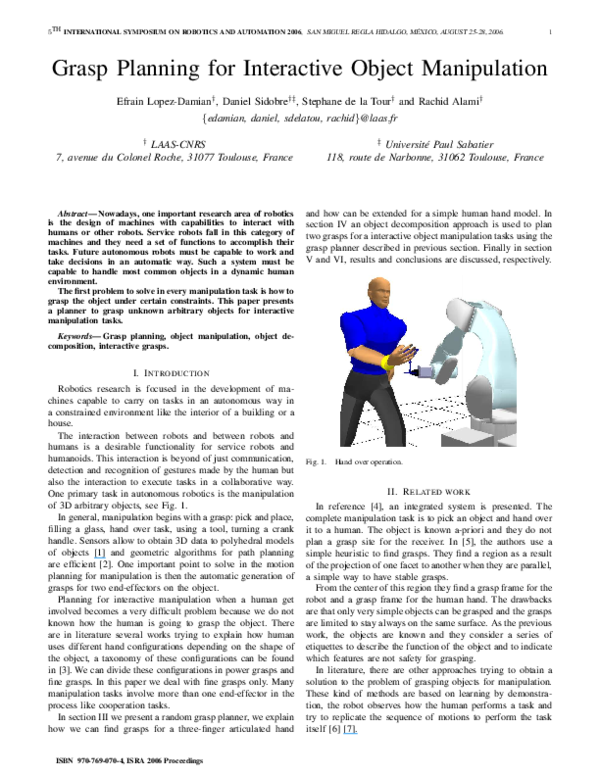 (PDF) Grasp planning for interactive object manipulation