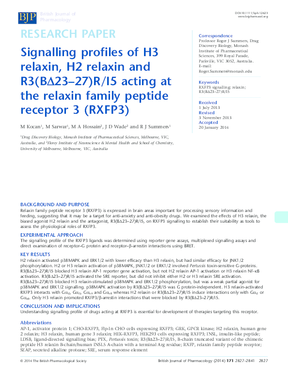 (PDF) Signalling Profiles of H3 Relaxin, H2 Relaxin and R3(Bδ23-27)R/I5 ...
