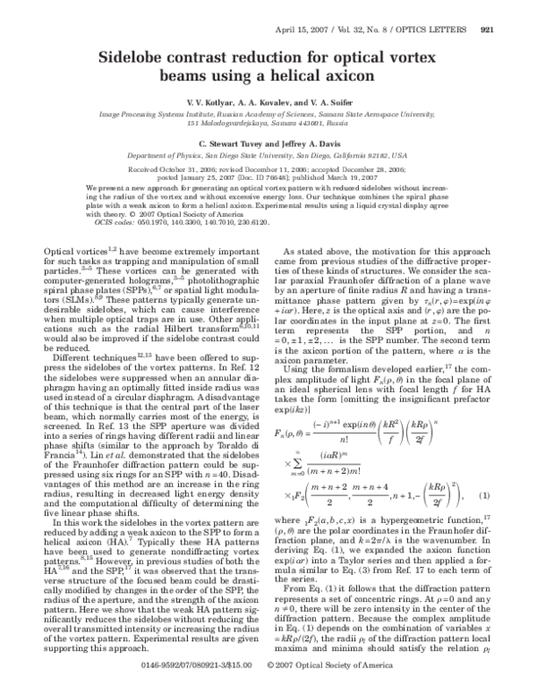 (PDF) Sidelobe contrast reduction for optical vortex beams using a ...