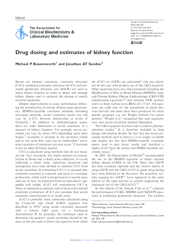 (PDF) Drug dosing and estimates of kidney function