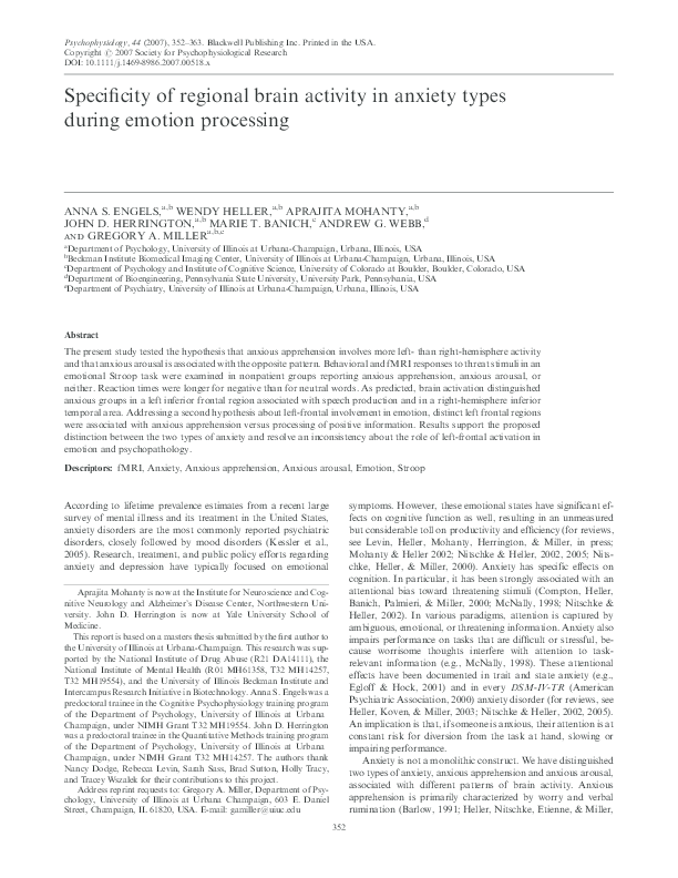 (PDF) Specificity of regional brain activity in anxiety types during ...