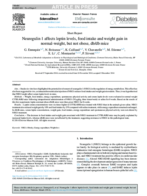 (PDF) Neuregulin 1 affects leptin levels, food intake and weight gain ...
