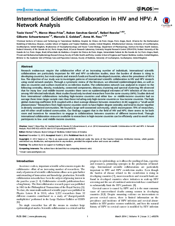 (PDF) International Scientific Collaboration in HIV and HPV: A Network ...
