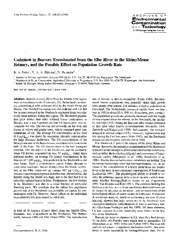 (PDF) Cadmium in Beavers Translocated from the Elbe River to the Rhine