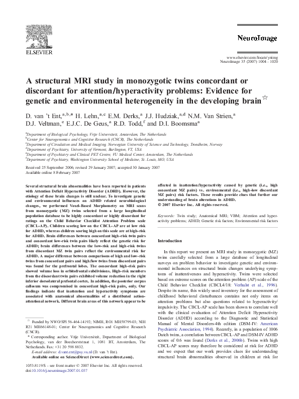 (PDF) A structural MRI study in monozygotic twins concordant or ...