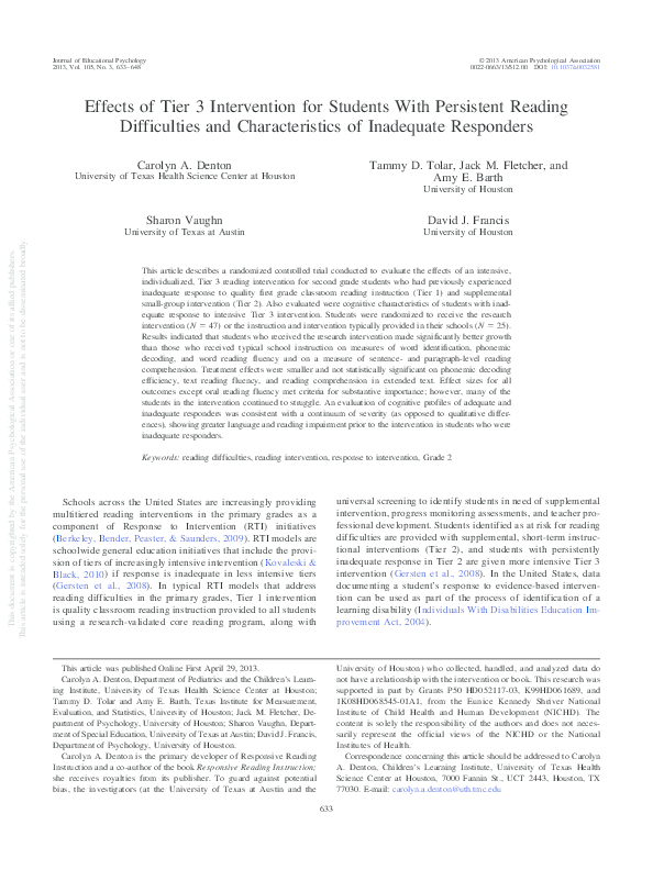 (PDF) Effects of tier 3 intervention for students with persistent ...