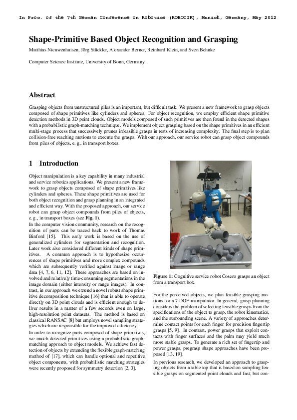 (PDF) Shape-primitive based object recognition and grasping