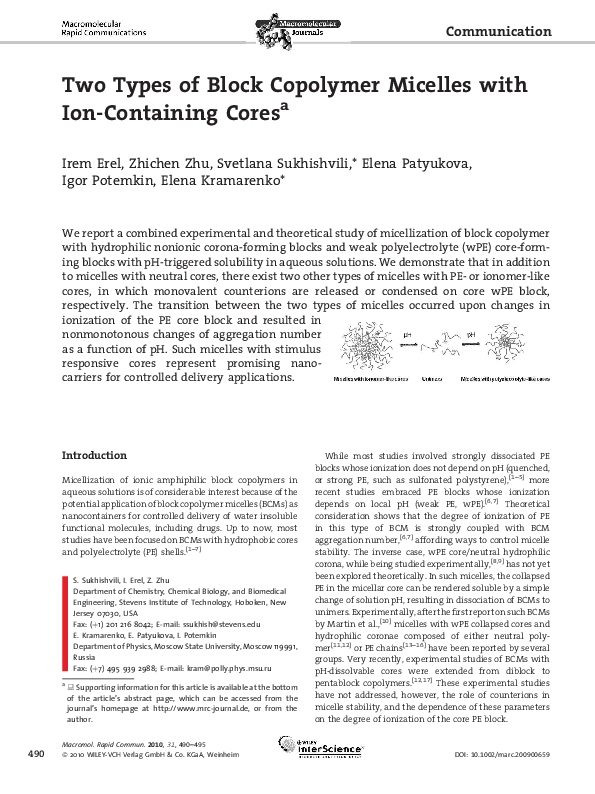(PDF) Two Types of Block Copolymer Micelles with Ion-Containing Cores