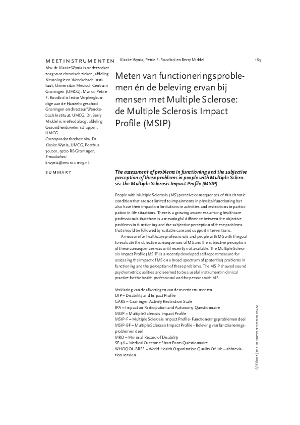 (PDF) De Multiple Sclerosis Impact Profile (msip): een nieuw instrument ...