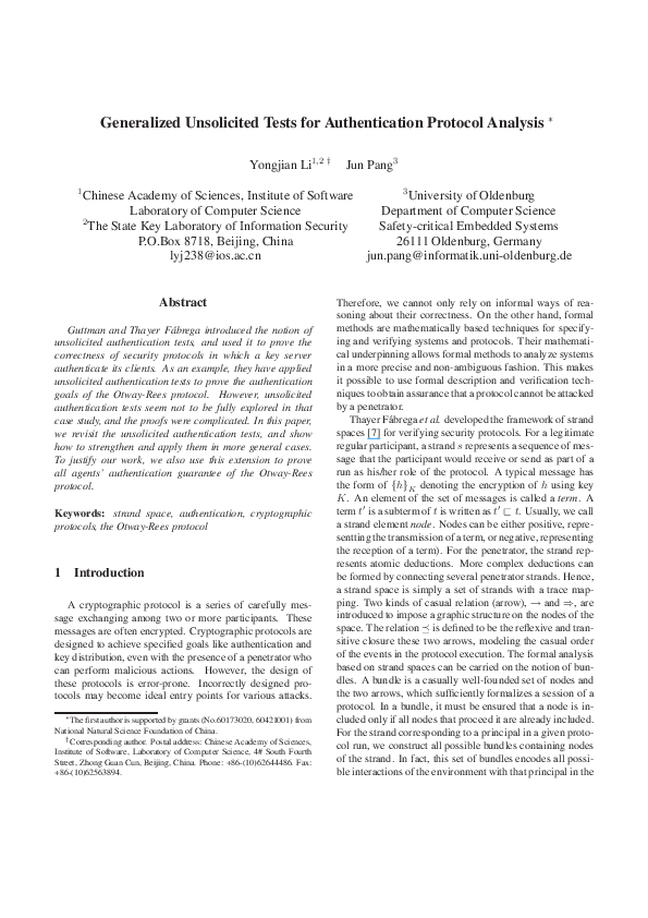 (PDF) Generalized Unsolicited Tests for Authentication Protocol Analysis