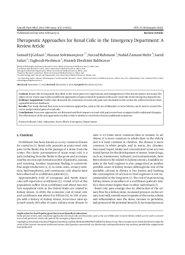 (PDF) Therapeutic Approaches for Renal Colic in the Emergency ...