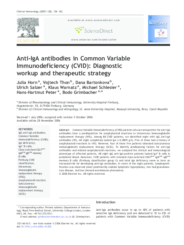 (PDF) Anti-IgA antibodies in Common Variable Immunodeficiency (CVID ...