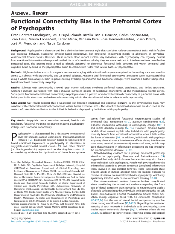 (PDF) Functional Connectivity Bias in the Prefrontal Cortex of Psychopaths