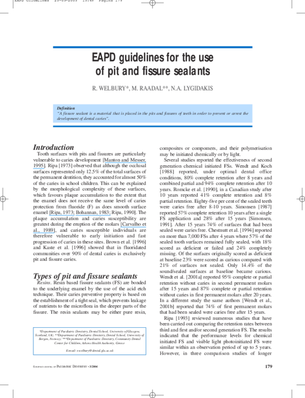 (PDF) EAPD guidelines for the use of pit and fissure sealants