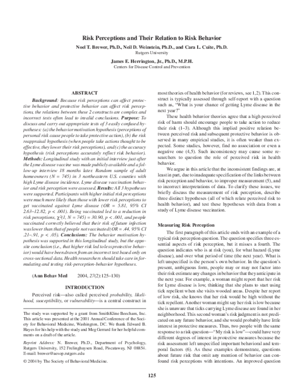 (PDF) Risk perceptions and their relation to risk behavior