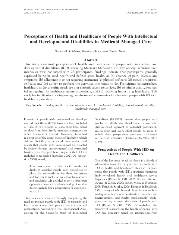 (PDF) Perceptions of Health and Healthcare of People With Intellectual ...