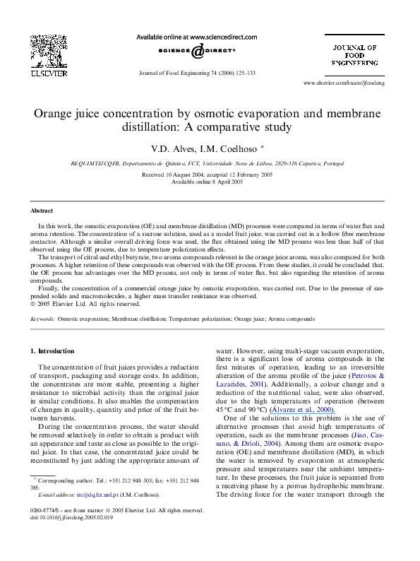 (PDF) Orange juice concentration by osmotic evaporation and membrane
