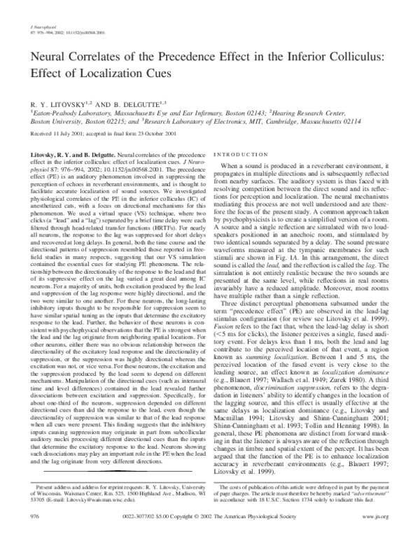 (PDF) Neural Correlates of the Precedence Effect in the Inferior ...