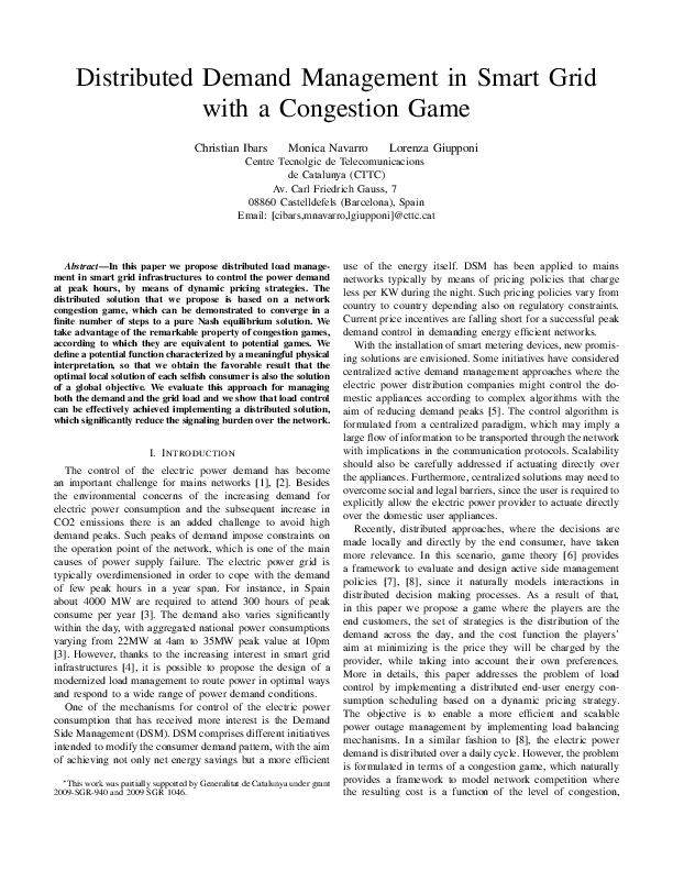(PDF) Distributed Demand Management in Smart Grid with a Congestion Game