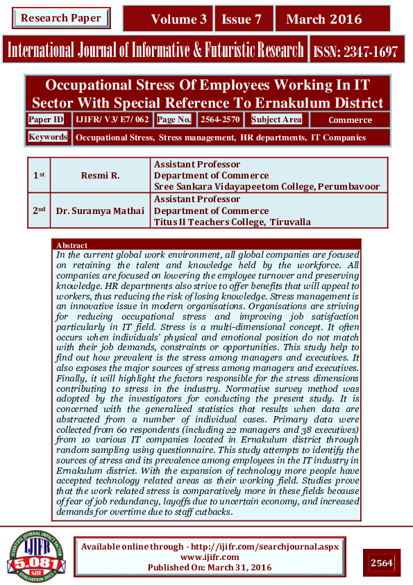 (PDF) Occupational Stress Of Employees Working In IT Sector With ...
