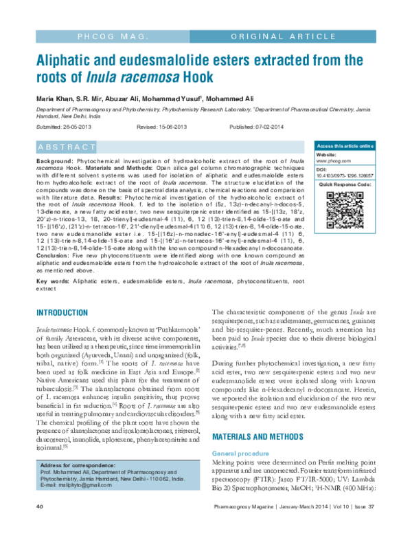 (PDF) Aliphatic and eudesmalolide esters extracted from the roots of ...