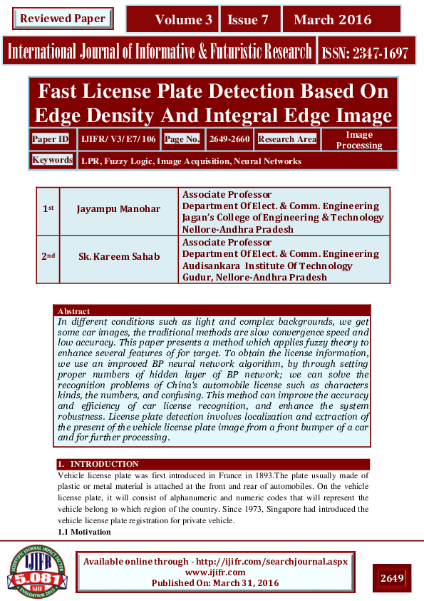 (PDF) Fast License Plate Detection Based On Edge Density And Integral ...