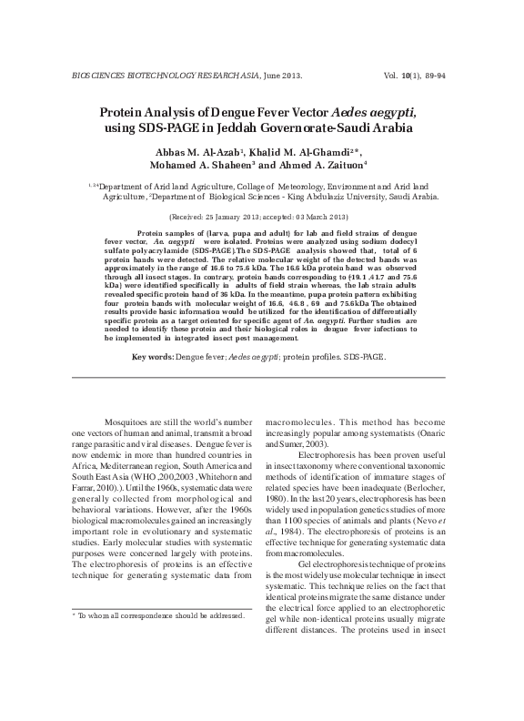 (PDF) Protein Analysis of Dengue Fever Vector Aedes aegypti, using SDS ...