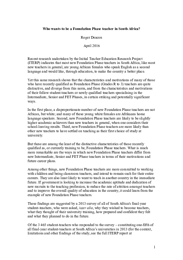 (DOC) Who wants to be a Foundation Phase teacher in South Africa? Roger Deacon Academia.edu