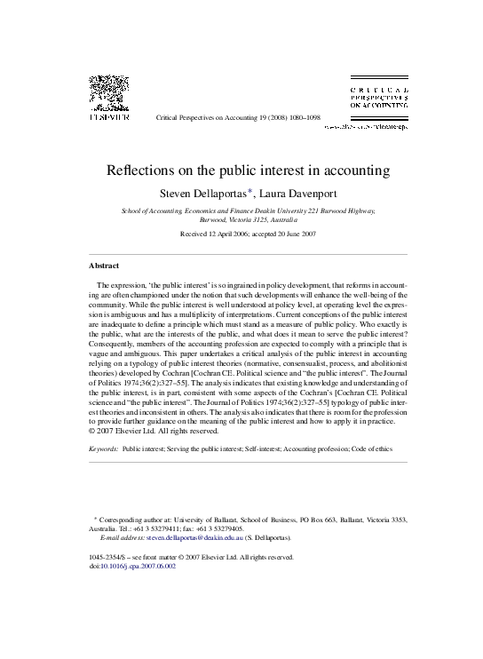 (PDF) Reflections on the public interest in accounting Steven