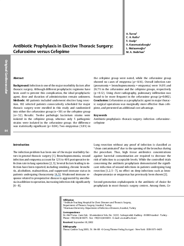 (PDF) Antibiotic Prophylaxis in Elective Thoracic Surgery Cefuroxime versus Cefepime Mehmet A