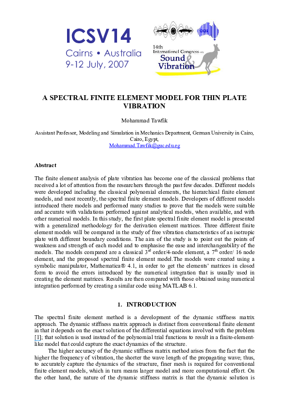 (PDF) A Spectral Finite Element Model for Thin Plate Vibration